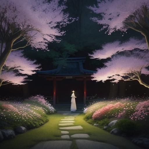 Kimono Woman in Firefly Garden: Impressionistic Style