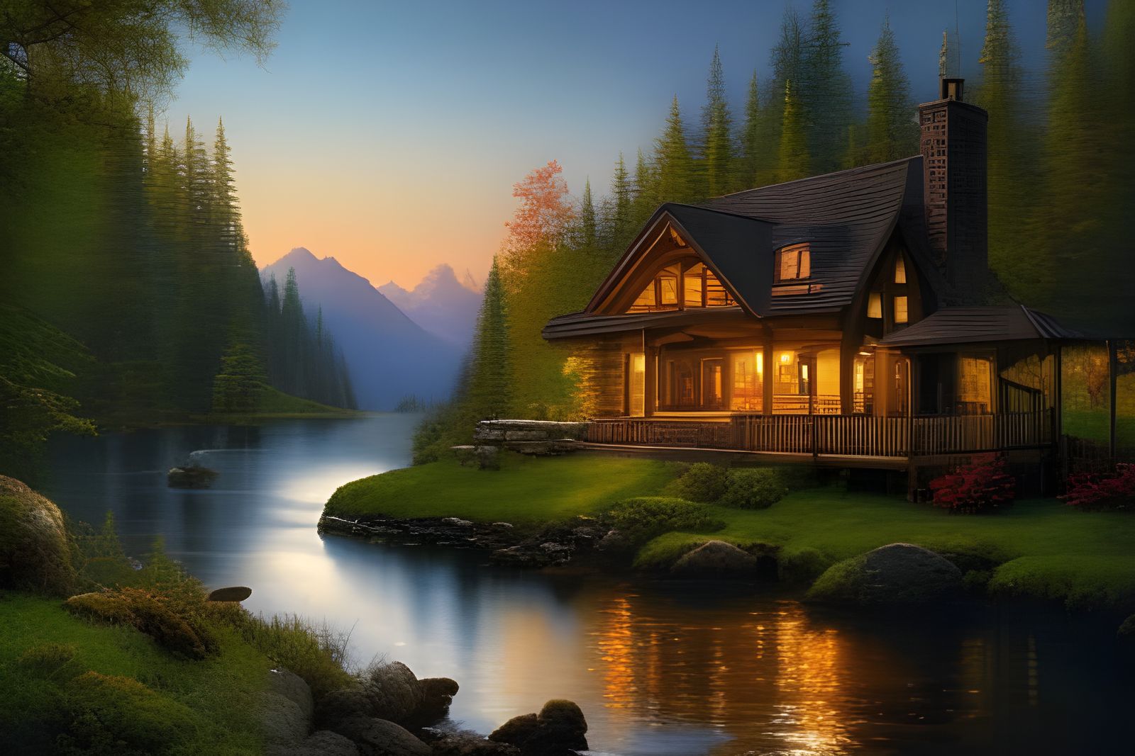 Cozy log cabin in mountain forest on river -1901  by @Don1944