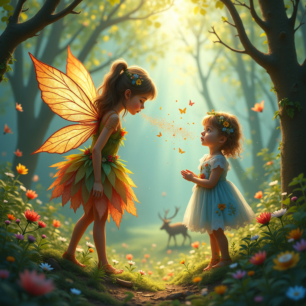 a pixie (blowing onto) encasing a human girl child in magickal fairy dust in a lush forest of birds and ...  by @Gregory Schrupp