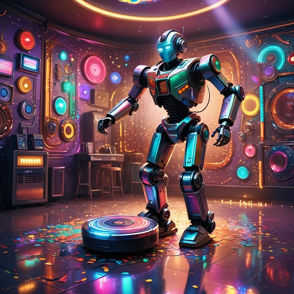 Robot is dancing with a robot vacuum cleaner. Disco lights, ...