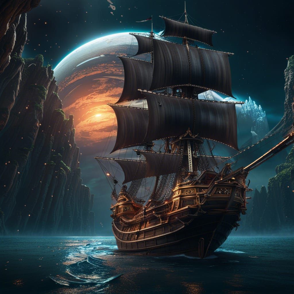 A pirate schooner sailing through the rings of Saturn.  by @Arisiin