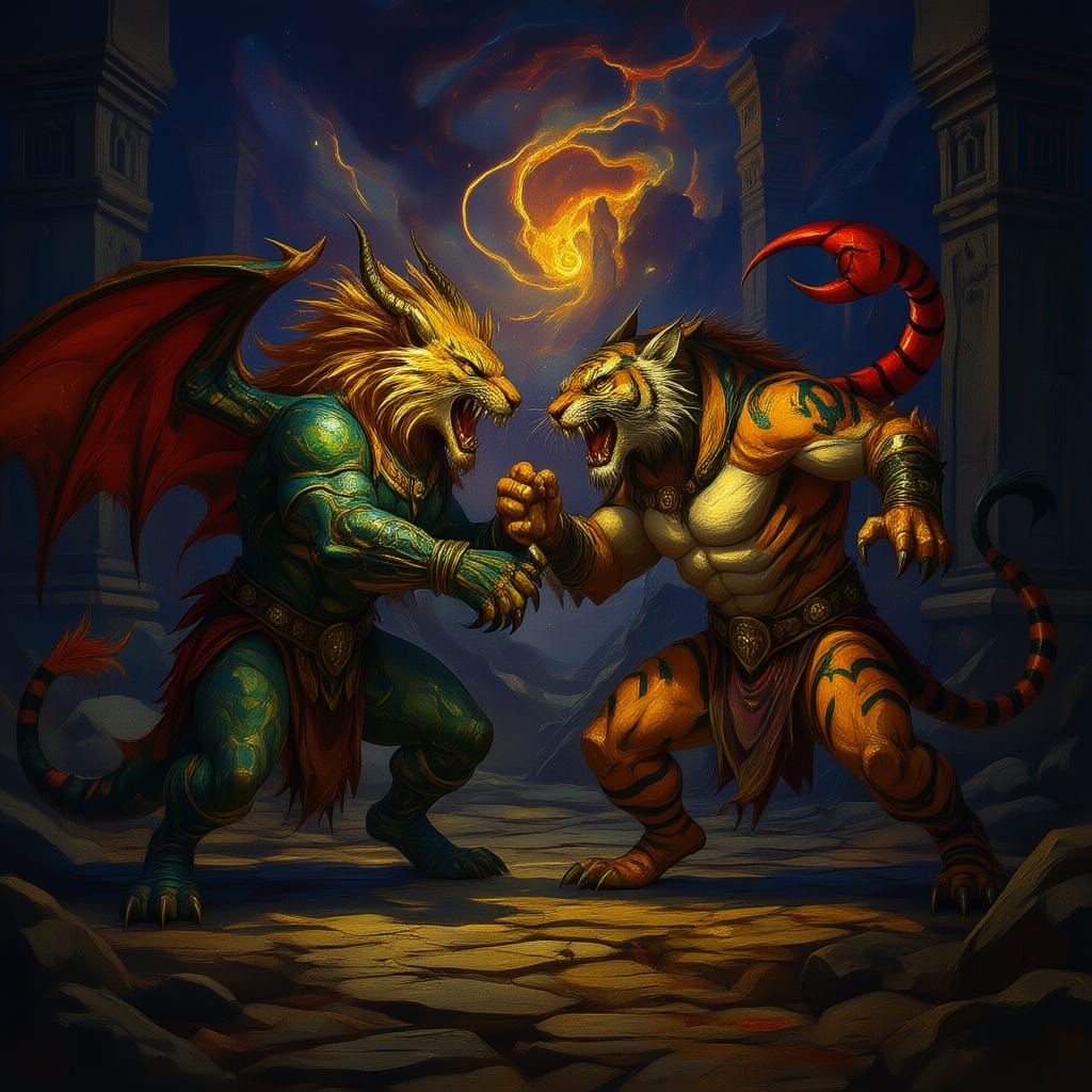 Mythical Beasts Clash: Dragon, Lion, Scorpion, Tiger