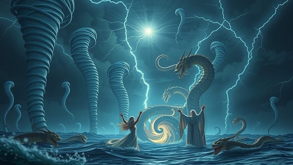 2 weather wizards battle twister-dragons over a whirlpool portal