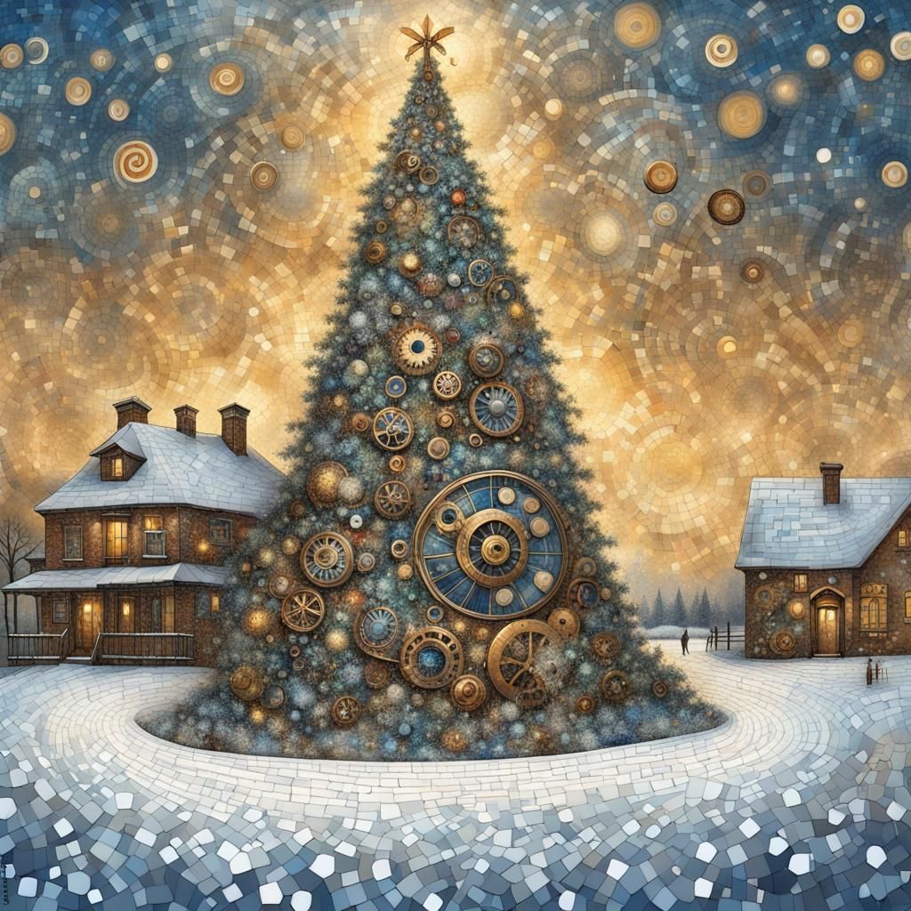 Mosaic of old steampunk Christmas tree