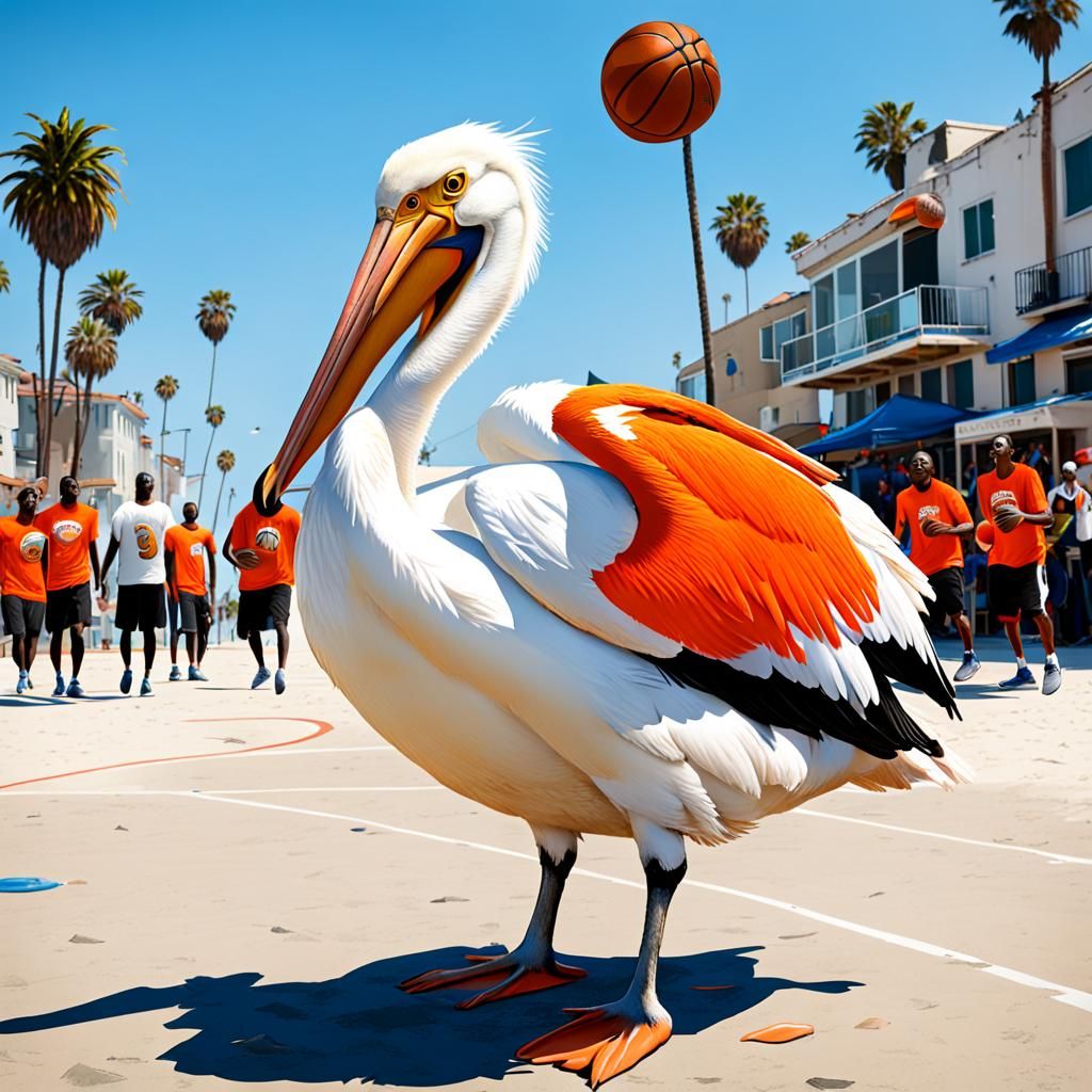 Cartoon White pelicans, wearing orange t-shirts, and  playin...