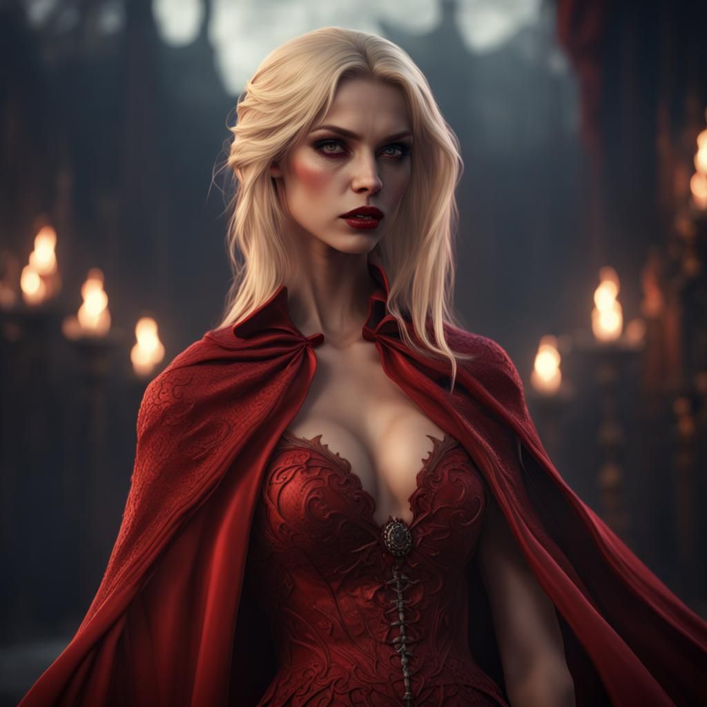 Blonde female vampire in a red dress and cape - AI Generated Artwork -  NightCafe Creator