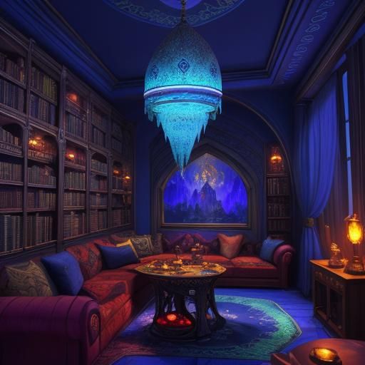 wizard hookah lounge, magical lamps, bookcases