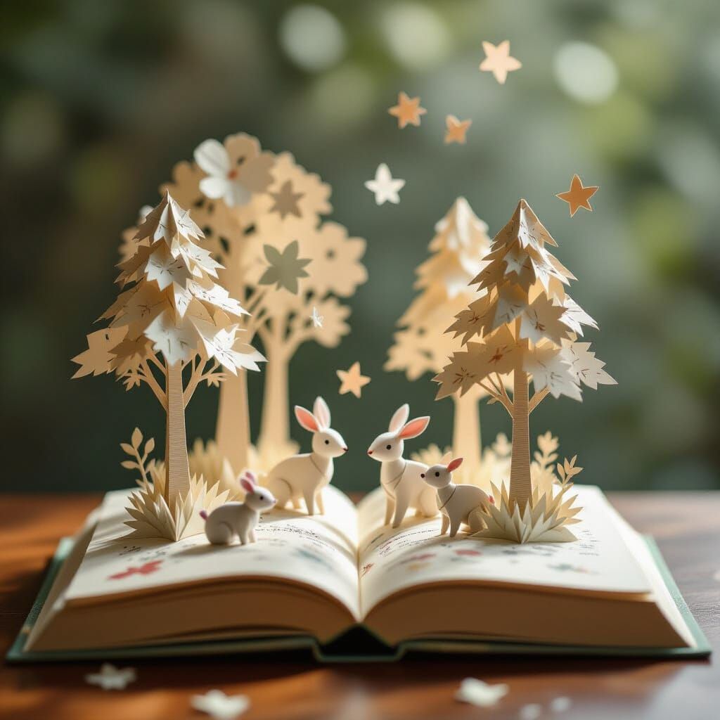 A pop-up book coming to life. Origami trees and animals, Dreamlike atmosphere. whimsical, Intricate papercraft details. Soft, diffused light...