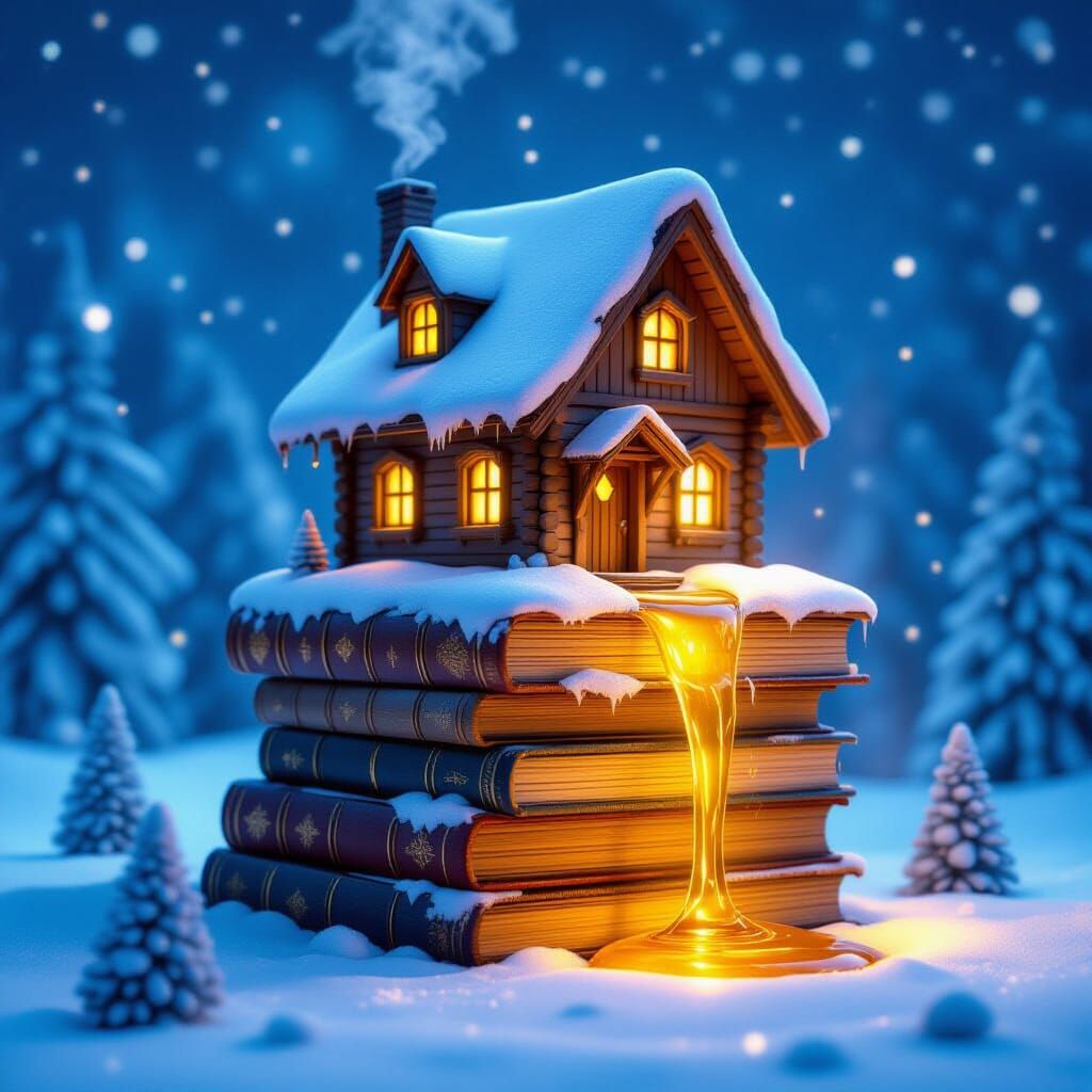 Cozy Wooden House on Books with Glowing Honey Stream