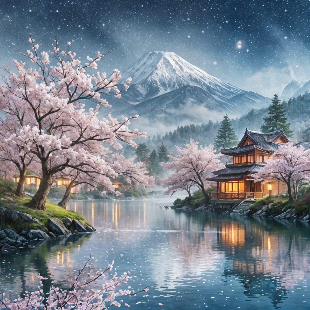 Japanese Village Under Snowy Mountain Watercolor Painting