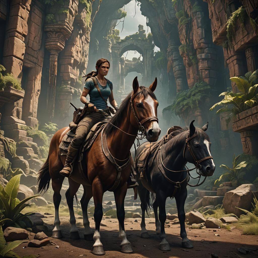 Lara Croft with horse. - AI Generated Artwork - NightCafe Creator