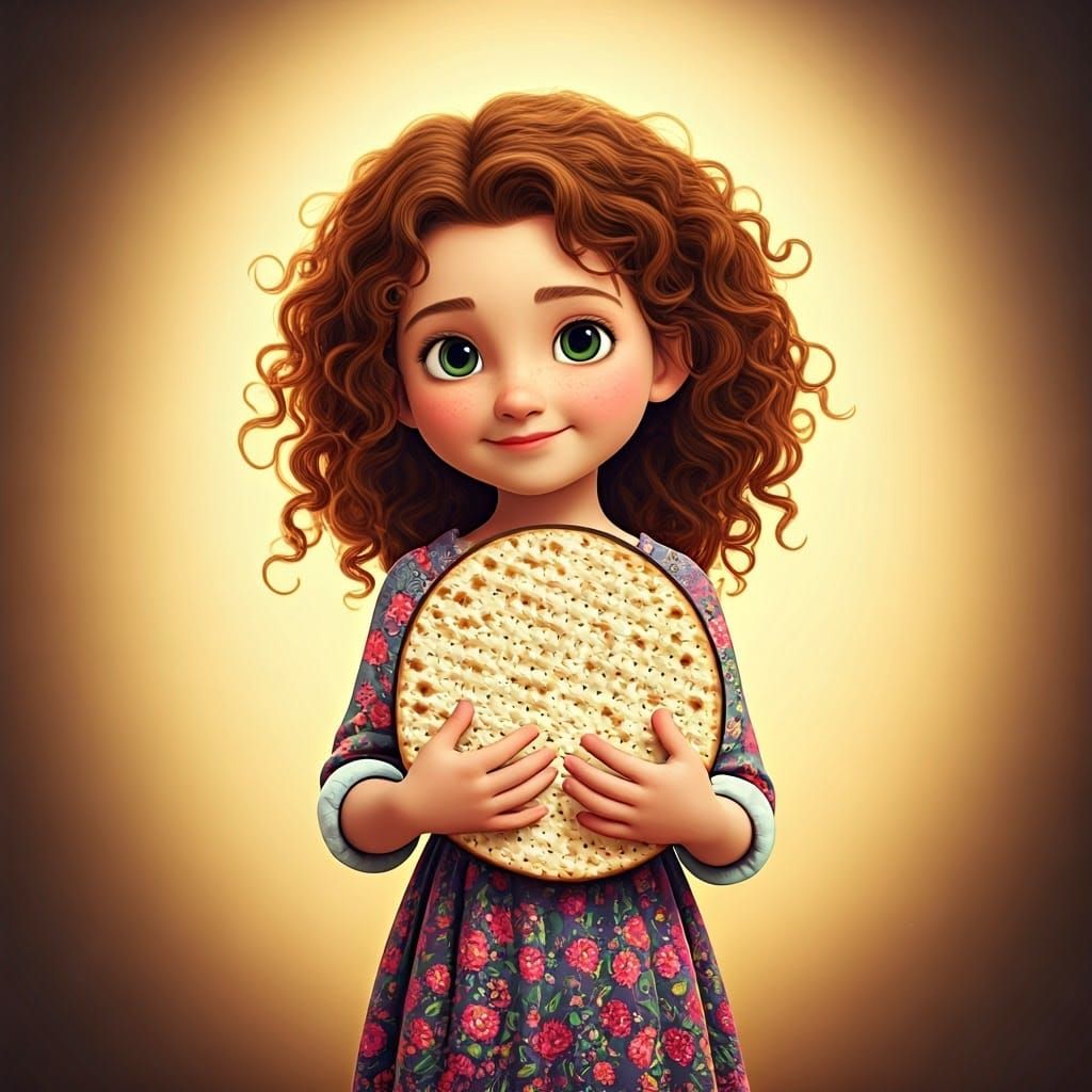 Whimsical Girl Holds Matzah in Vibrant Floral Dress