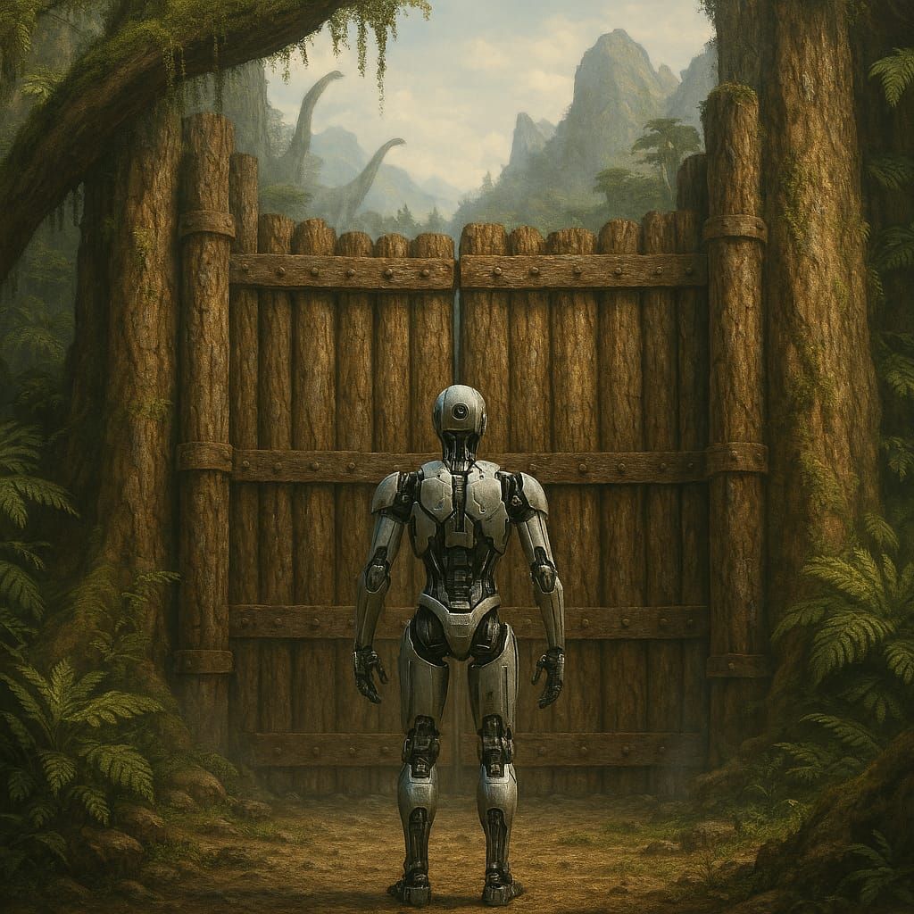 ai robot stands before a double wood gate in an ancient, pre...
