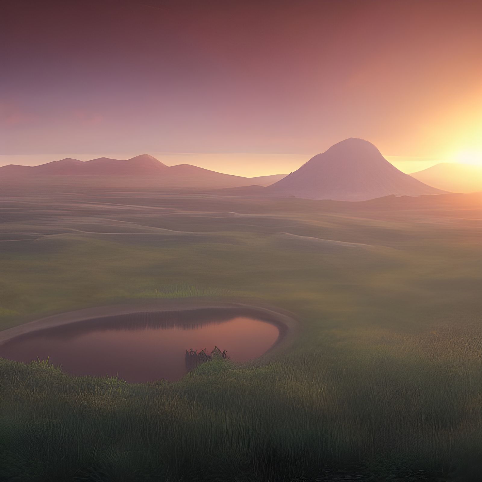plains surrounding a massive crater at sunset during a festi...