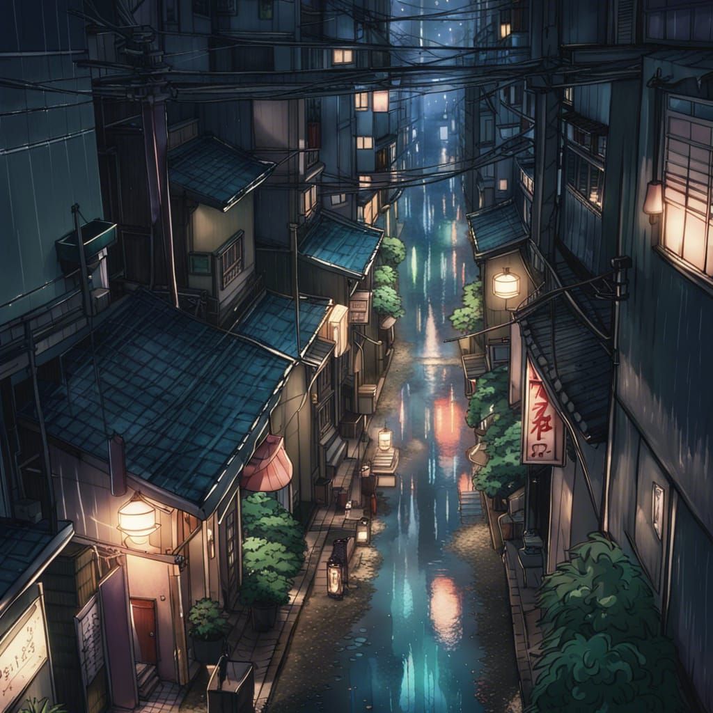 anime fantasy background, narrow alleyway in Thalendor winding through  ancient buildings. Hustle and bustle of main thoroughfare fading, replaced  by tranquil atmosphere. Architecture bearing rustic charm, buildings  adorned with elaborate carvings and