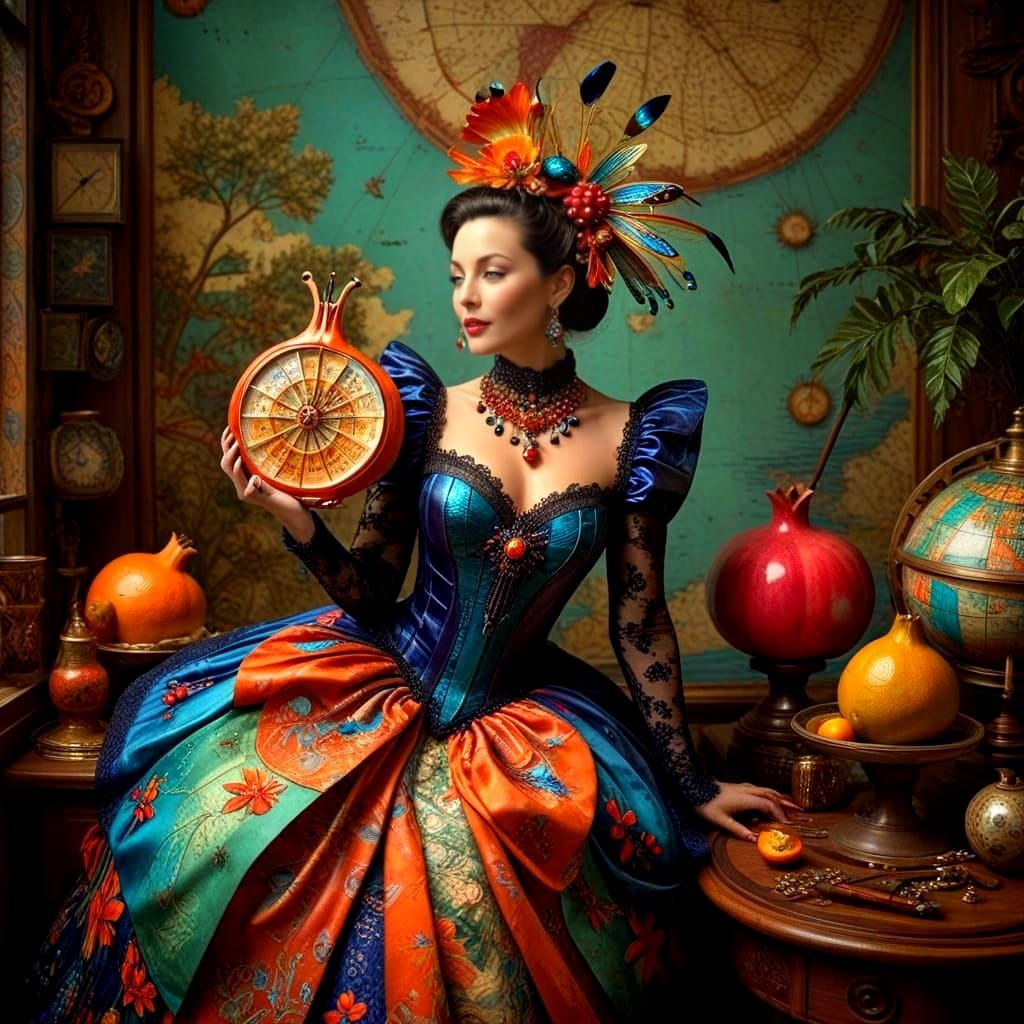 Vibrant Surrealist Portrait of a Happy Lady in Exotic Attire