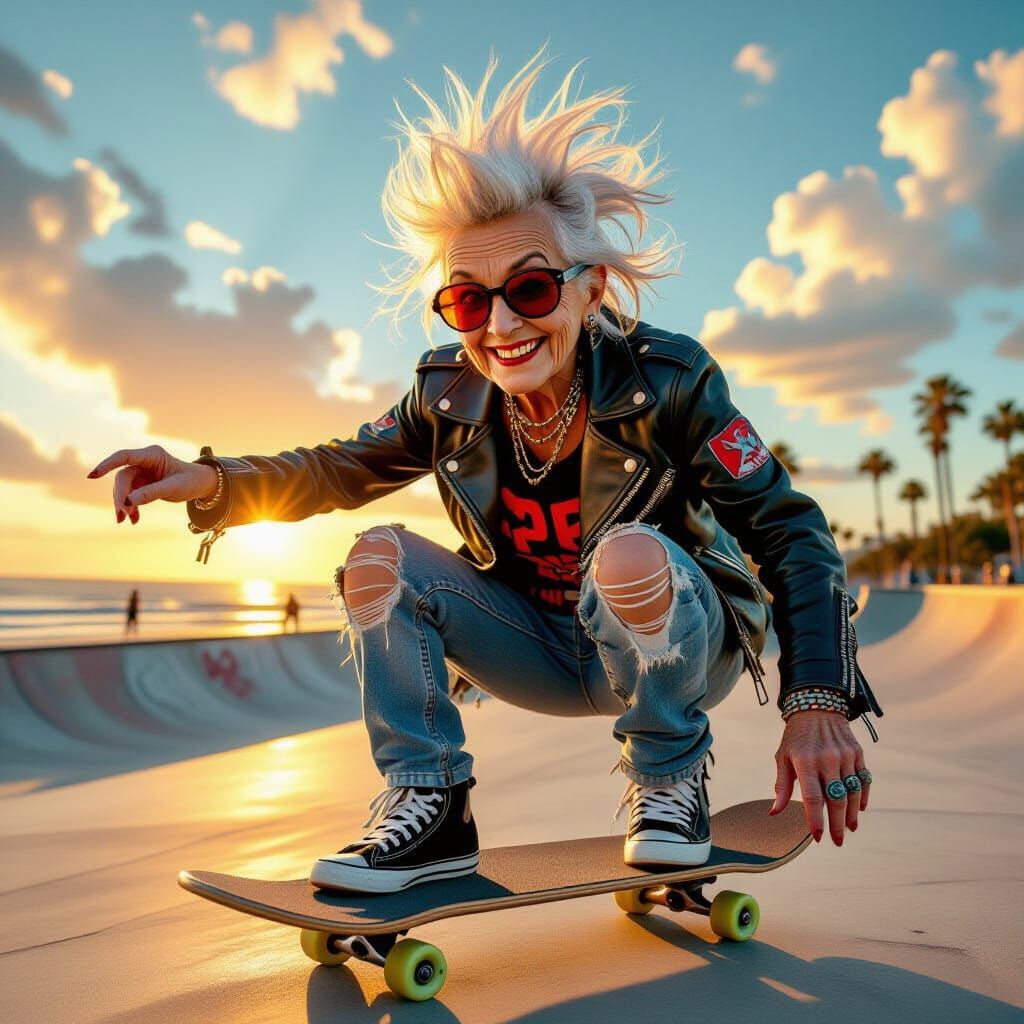 picture an elderly woman with bright, sparkling eyes and a mischievous grin, shredding on a skateboard ...  by @JAYDE7