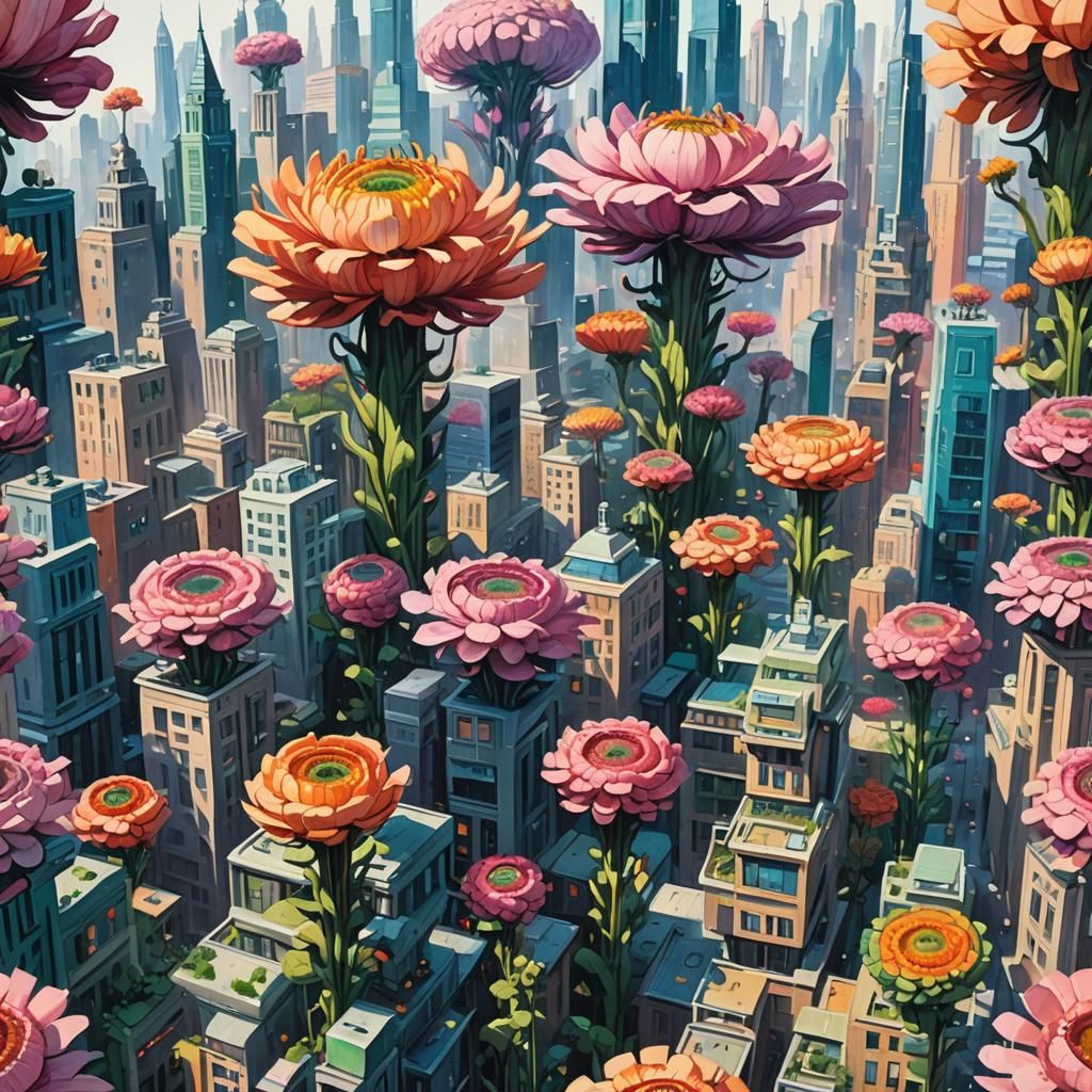 City buildings with gaint flowers