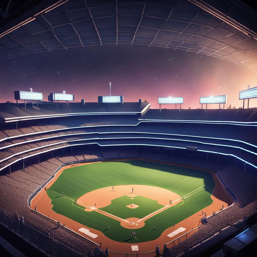 Birds eye view of retro style intergalactic packed baseball stadium ...