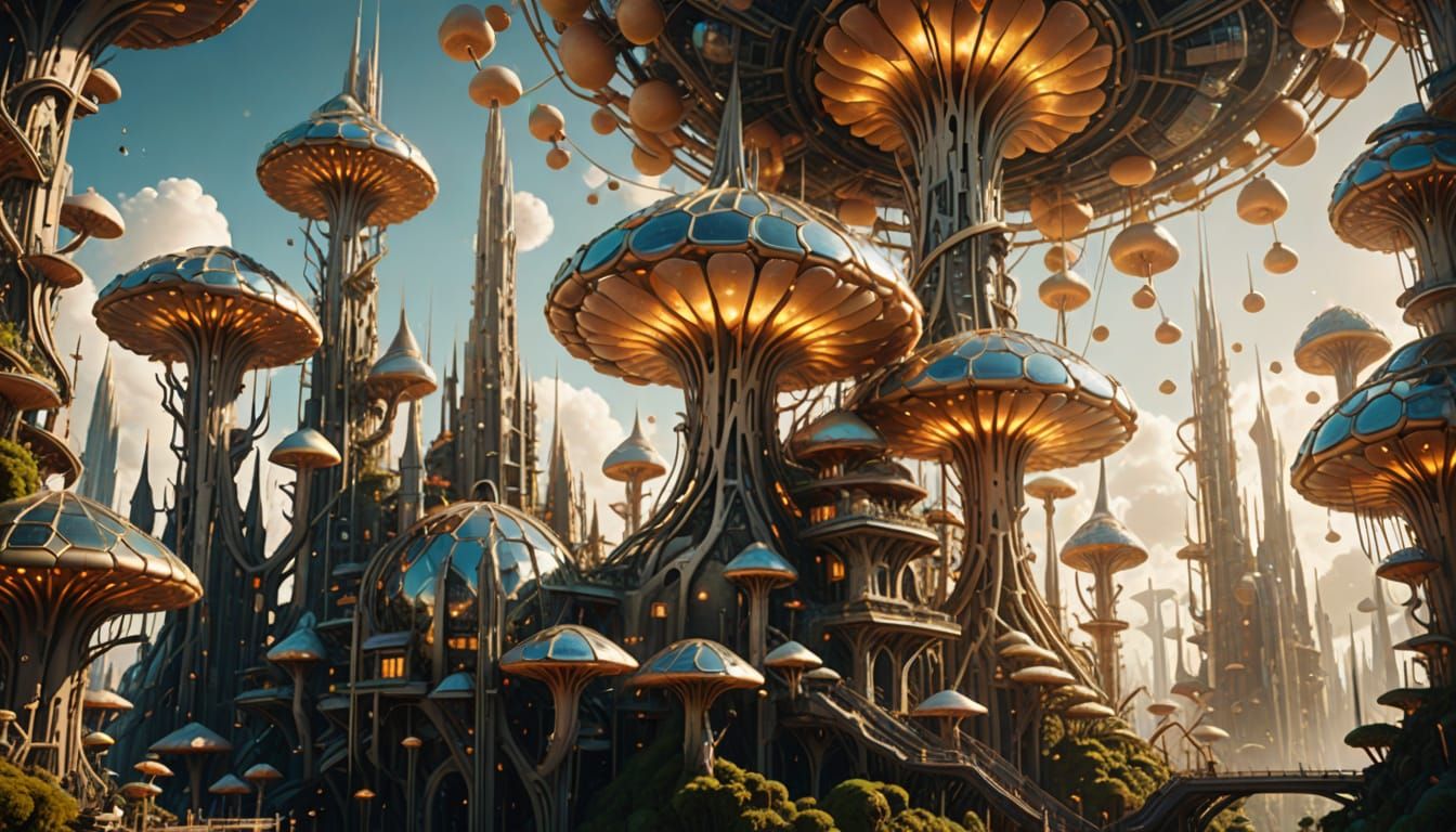 A futuristic solarpunk city built on colossal hexagonal-faceted mushrooms,   by @Art mechanic