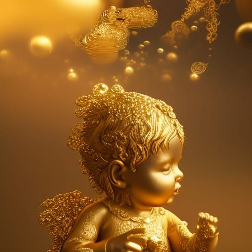 A baby made from gold, shiny metalli sculpture, golden filig...