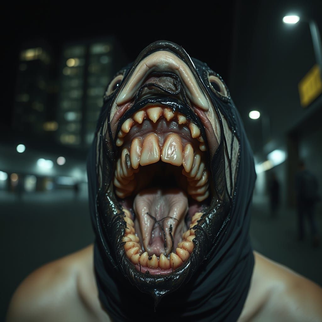 Eerie Urban Night Scene with Bloated Fish in Tar Slime