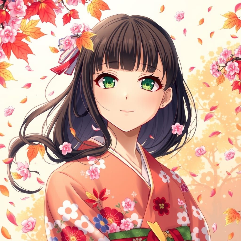 Woman in Yukata Surrounded by Blossoms, in Pixiv Style