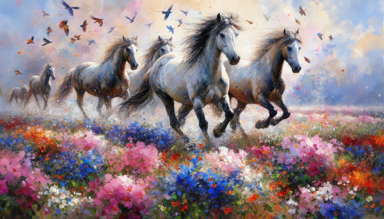 Horses Running Through a Spring Meadow