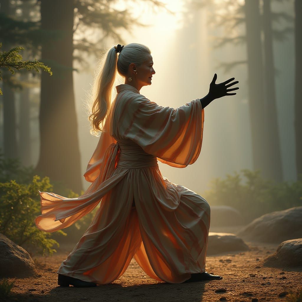 Thalia practices her Tai' Chi in the forest.