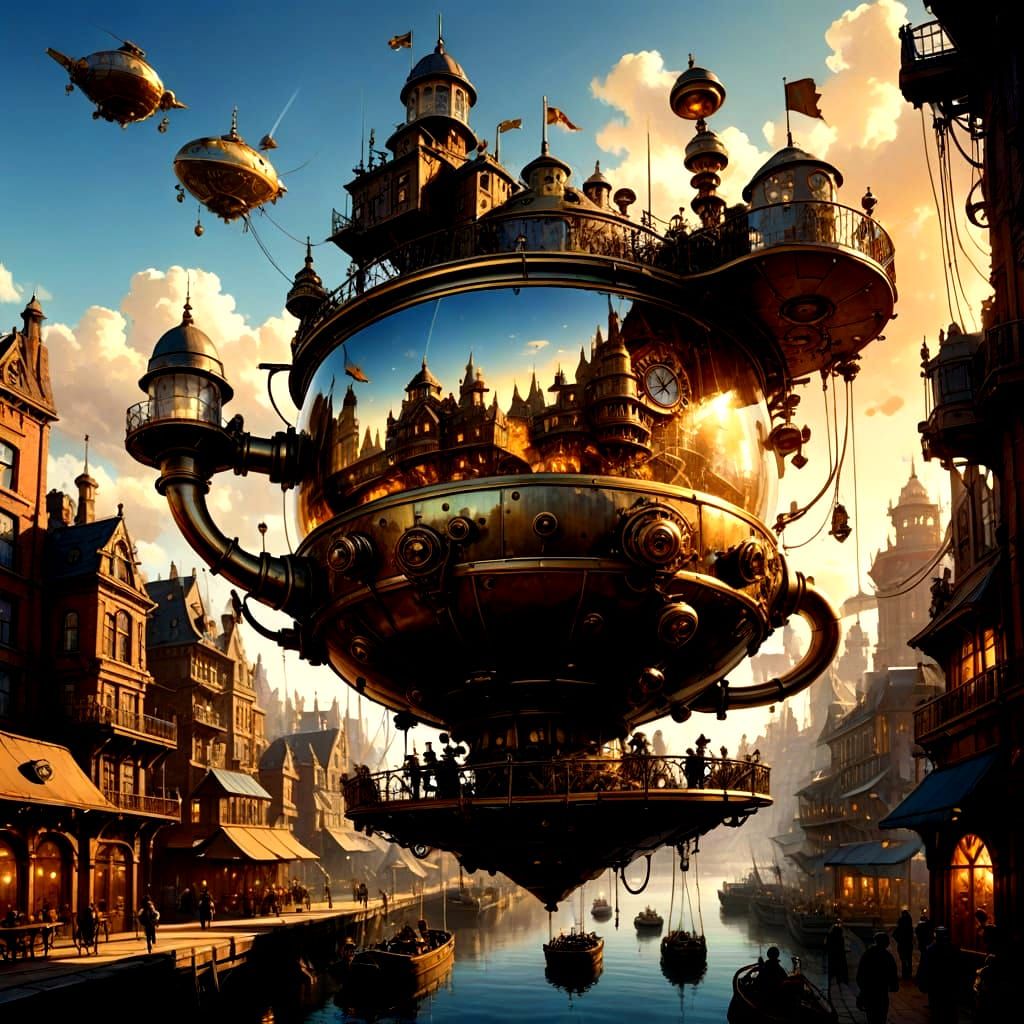 COLOSSAL SCALE. STEAMPUNK AESTHETIC. A GIANT, ORNATE TEACUP, CRAFTED FROM POLISHED BRASS AND INTRICATE CLOCKWORK, FLOATS SERENELY IN THE SKY...
