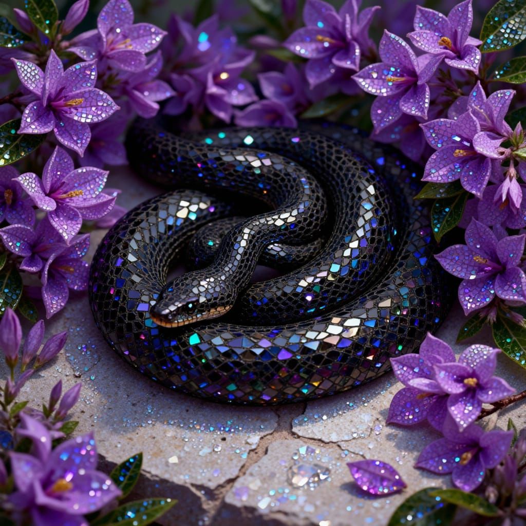 A black snake on a light grey stone surrounded with deep purple flowers in diamond painting style <lora:Diamond Painting:1.0>