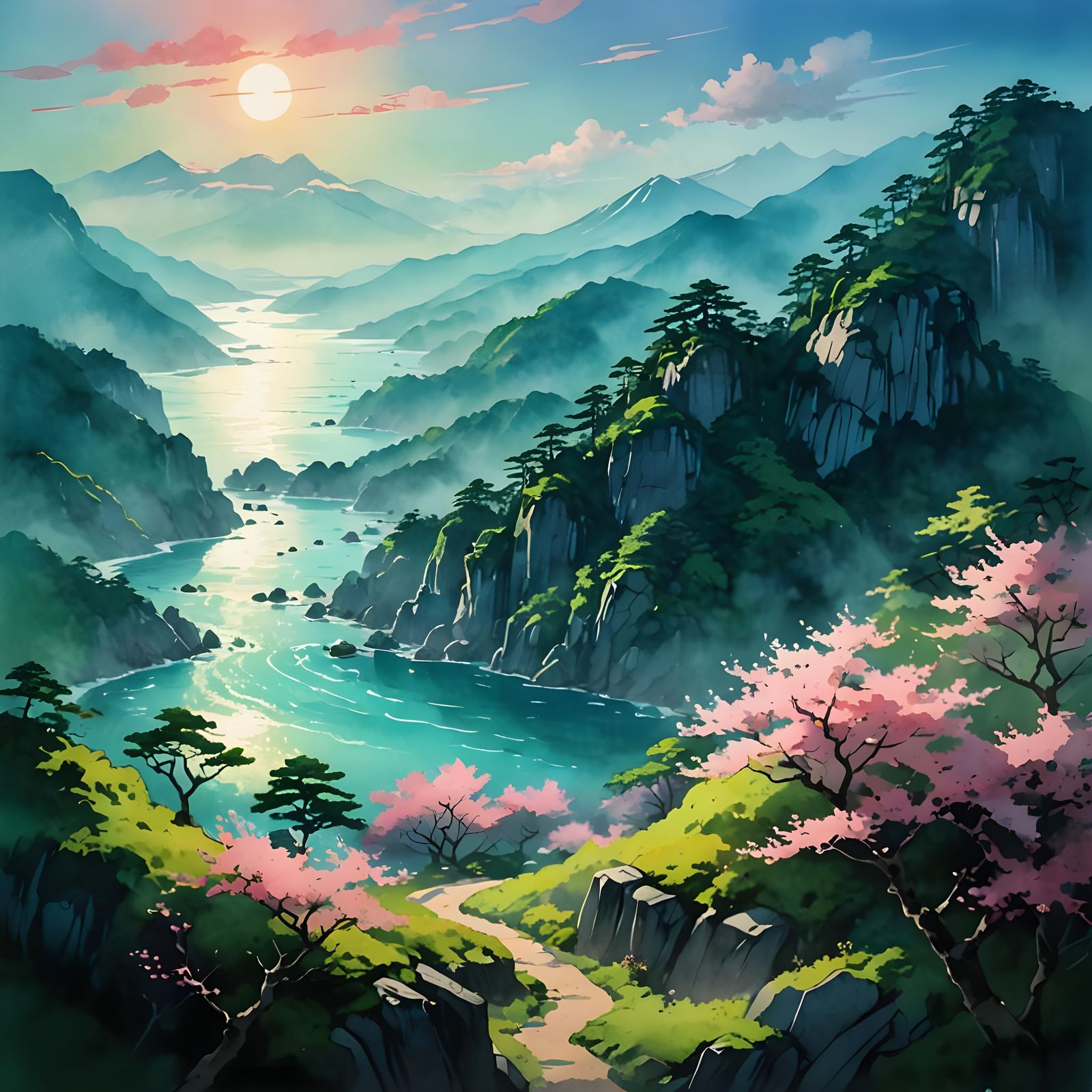 Surreal Japanese Landscape at Sunset in Anime Style