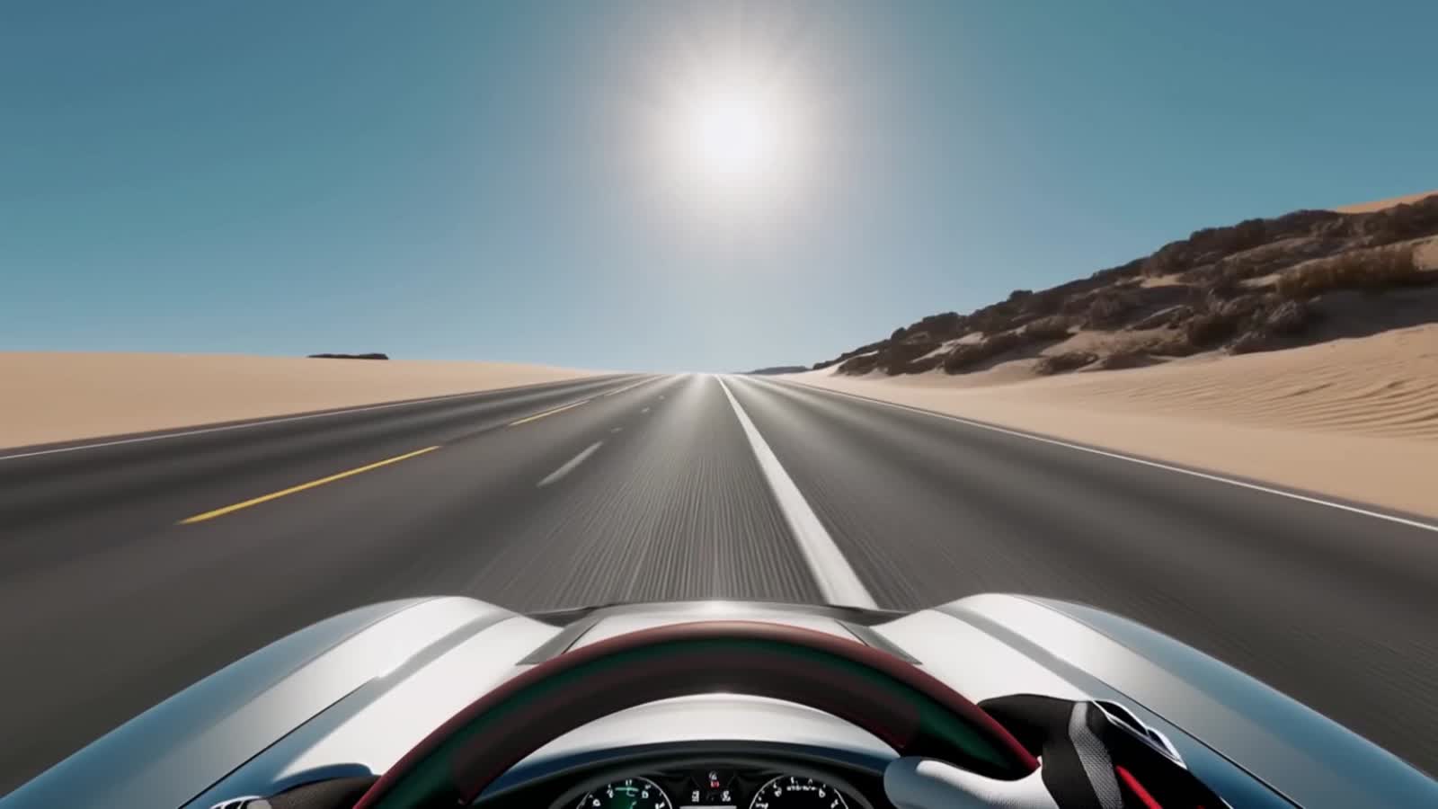 speeding down a desert highway, first person view, like a video game