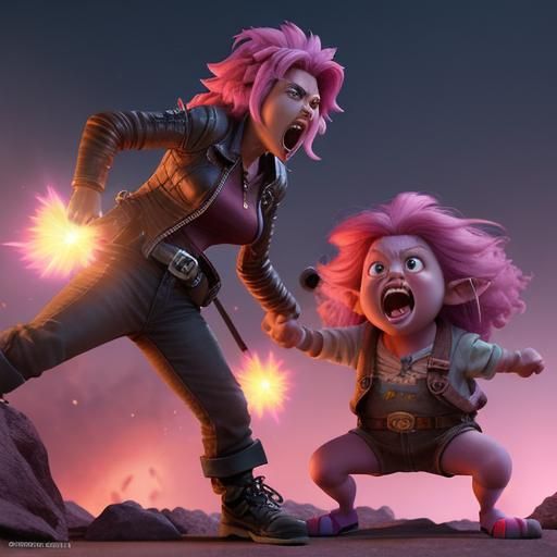 angry, large, pink-haired woman screaming at a small, skinny...