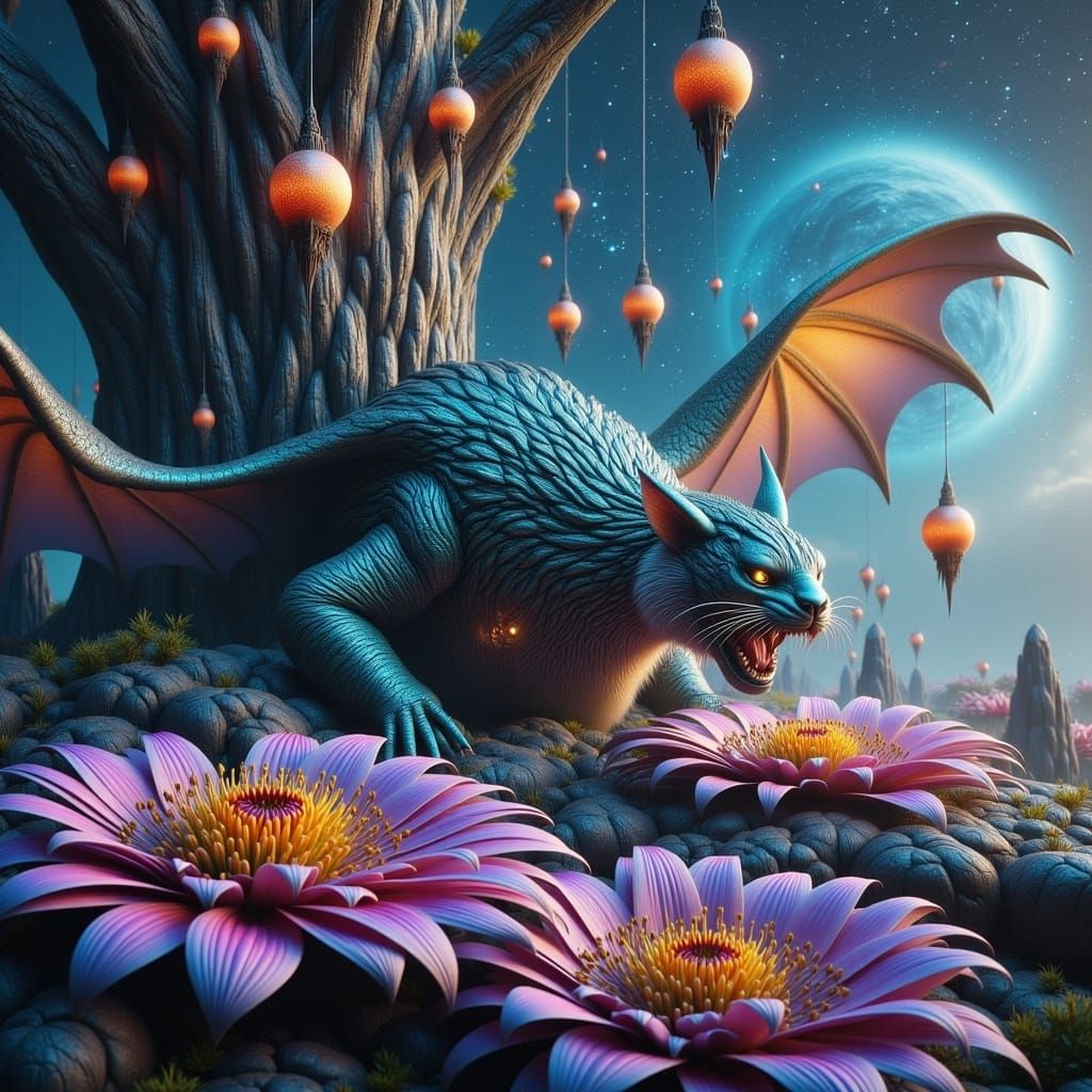 <lora:-Bloomopolis-:1.0> In a vivid dreamscape, a surreal scene features a stunning hybrid creature that combines the sleek form of a tiger...