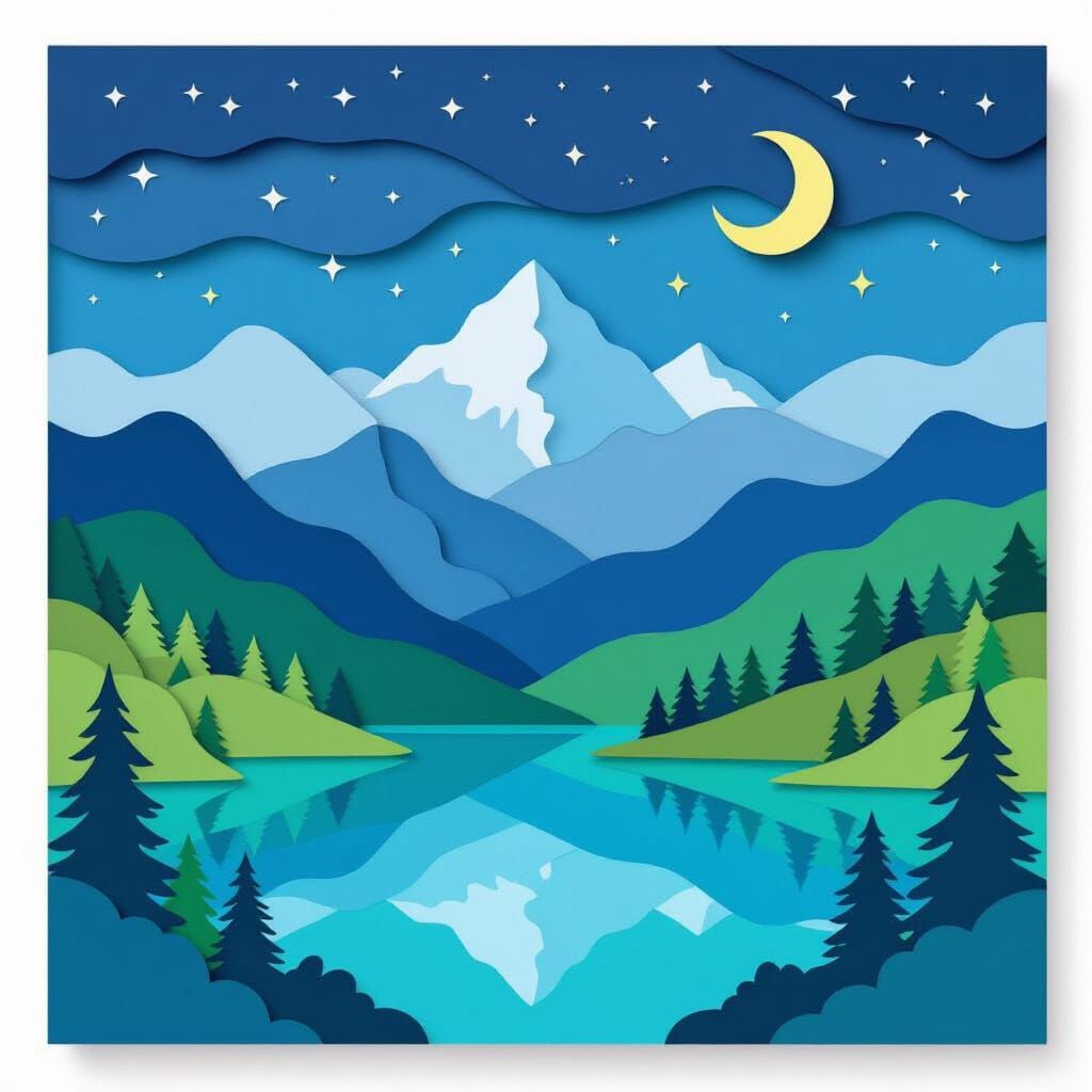 Layered Papercut Mountain Landscape at Night