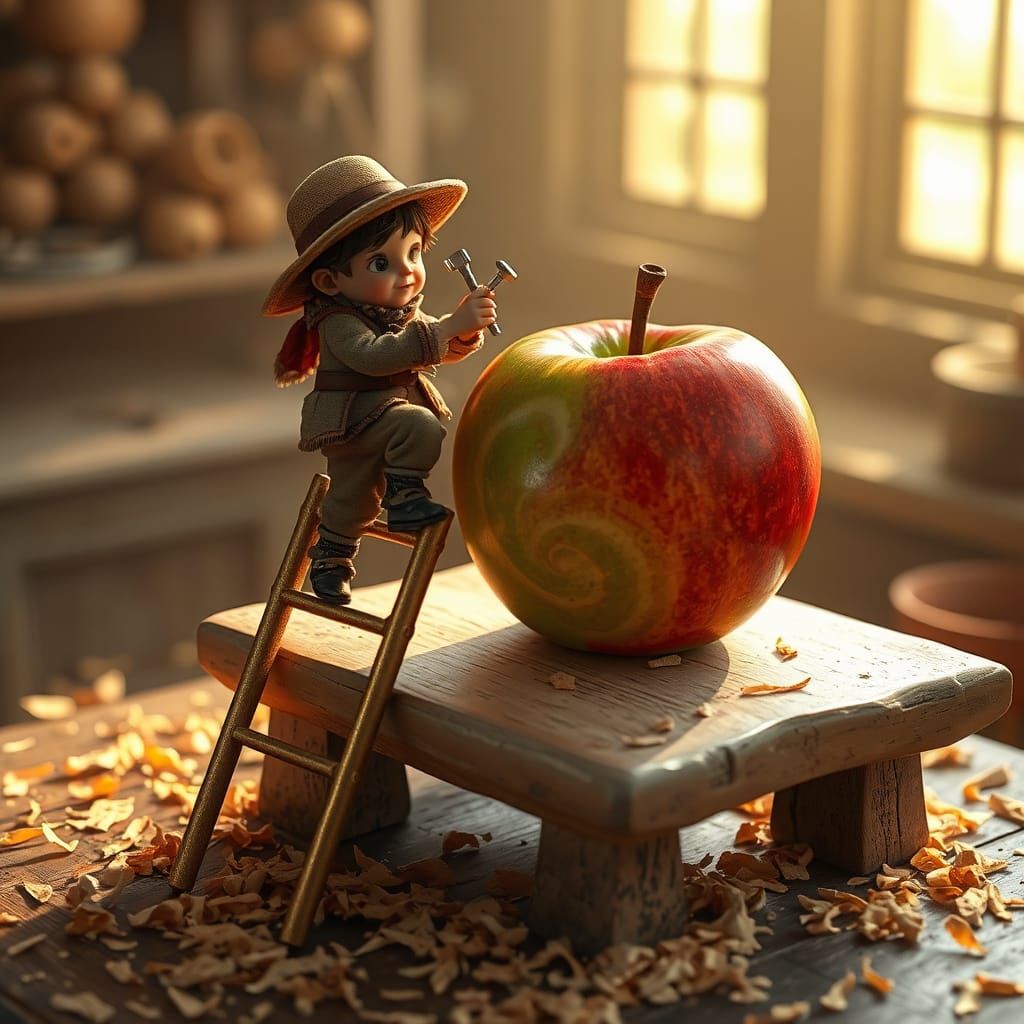 Miniature People Repairing Giant Apple, Detailed Art Style