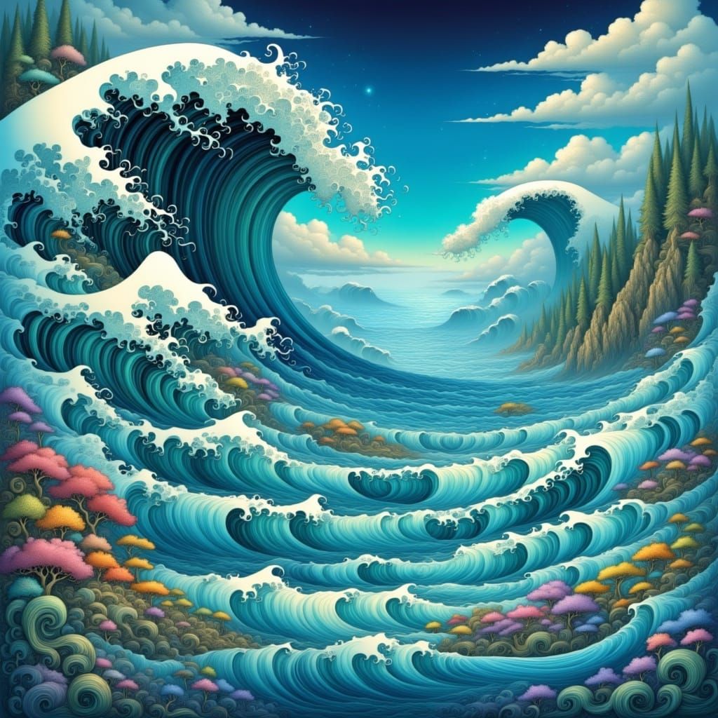 Mother of the Ocean, Japanese Seascape with 3D Rolling Waves, Manhwa, deep in field, sea background with abstract movement; Vision of beauty...