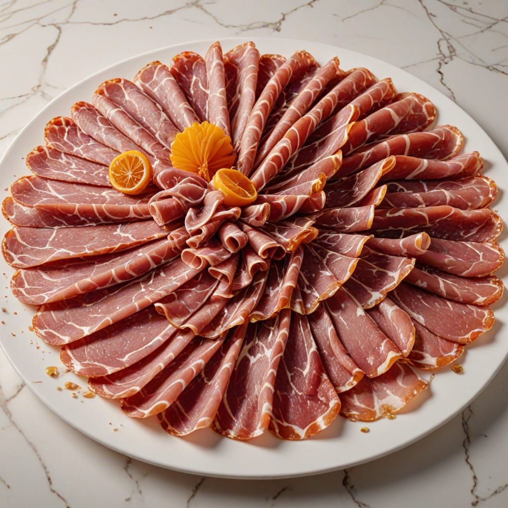 Delicious plate of various finely sliced salami, bokeh, 8k resolution, dynamic lighting hyperdetailed intricately detailed, vivid colours