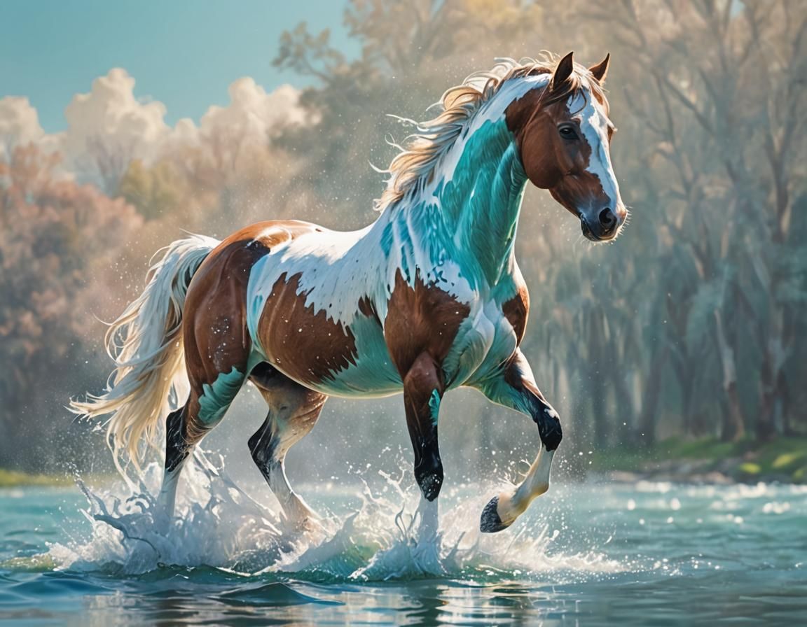 Skewbald horse splashing in water  by @Rainbowdragonz