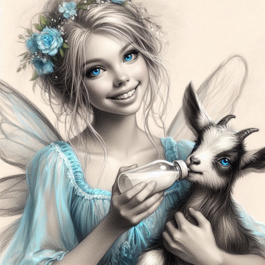Friendly fairy feeding a baby goat