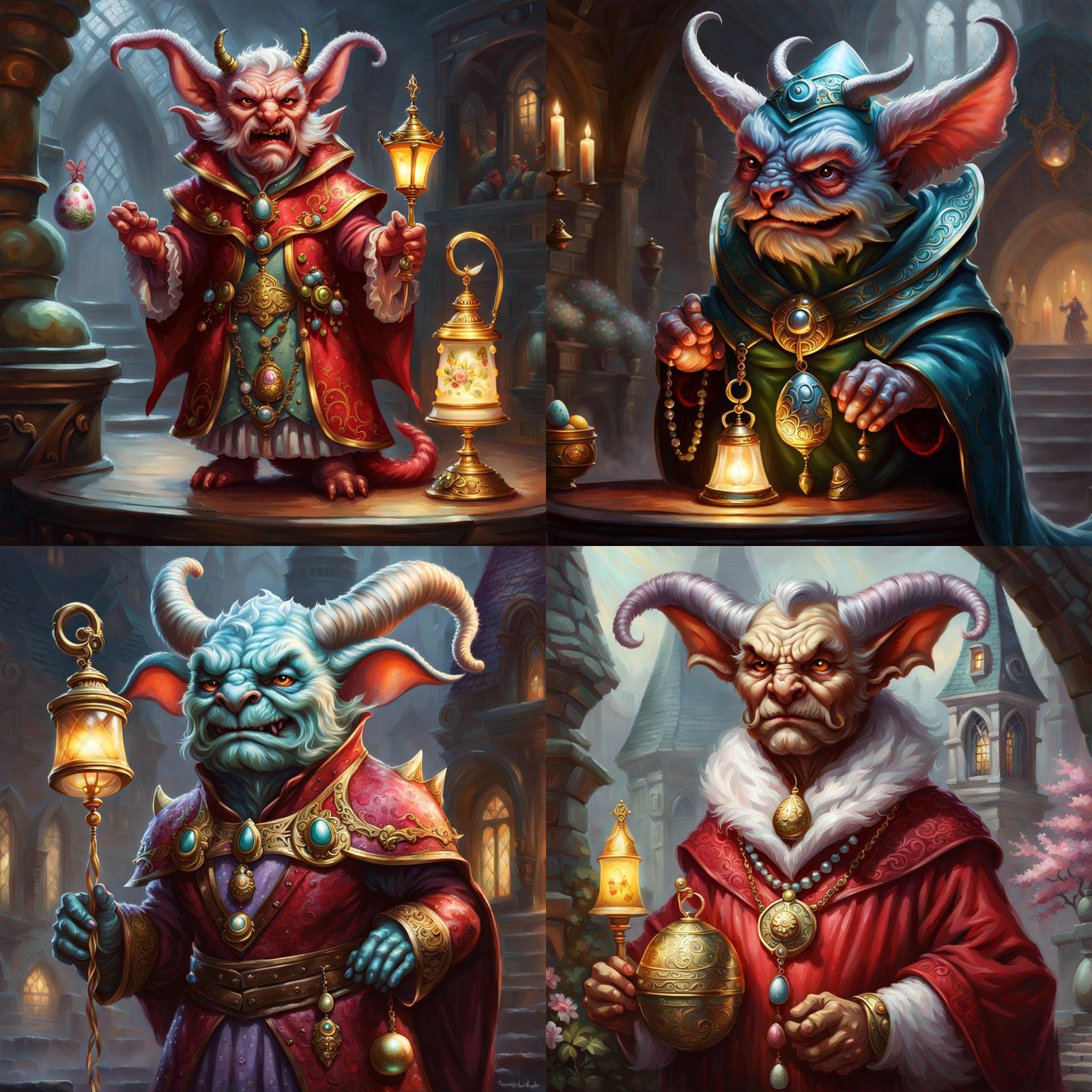 Small, Sad, wrinkly, drunk D&D imp devil. Wearing a bell col...