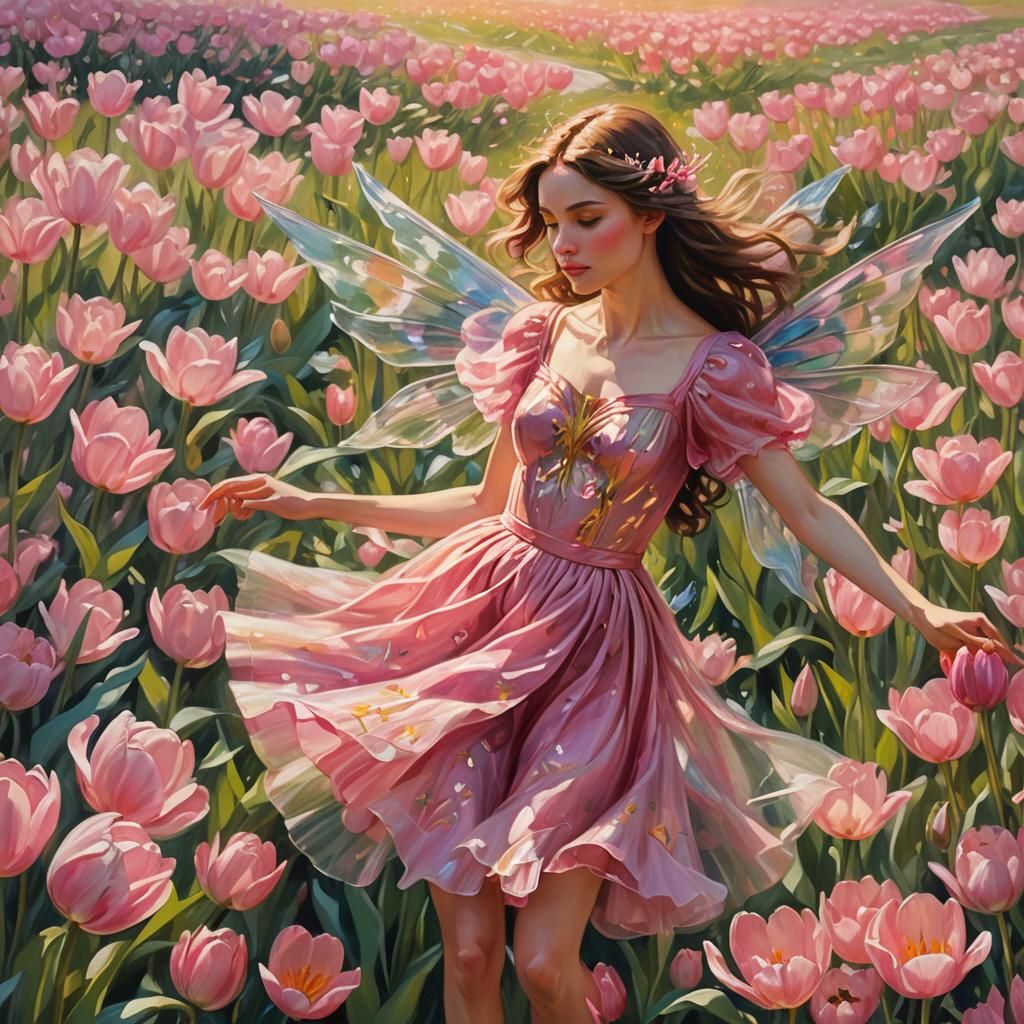 Ethereal Fairy Flight in Impressionistic Tulip Valley