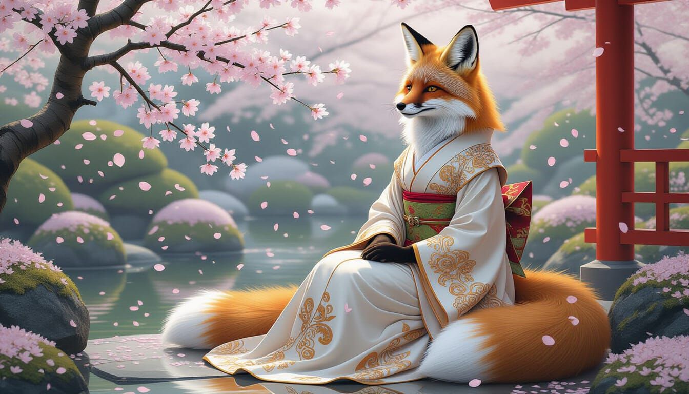 Fox in Klimt-Inspired Dress in Japanese Garden
