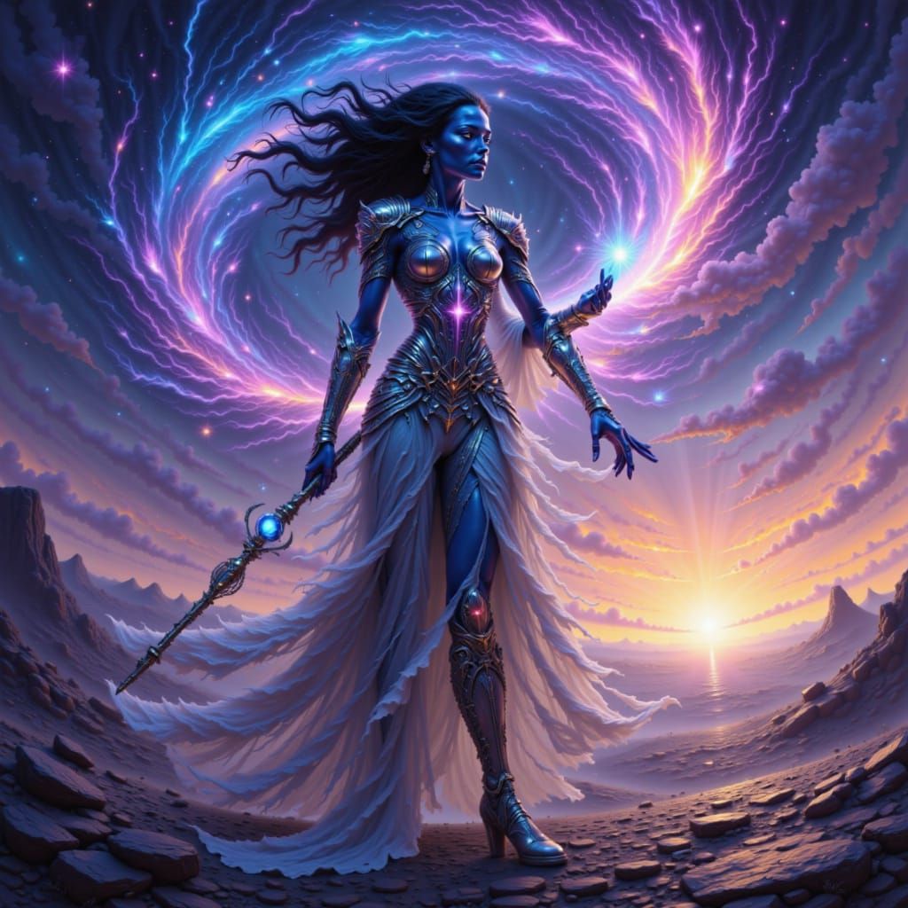 A photograph of a cosmic warrior woman with striking blue skin standing confidently on a desolate alien planet. Her form is tall and powerfu...