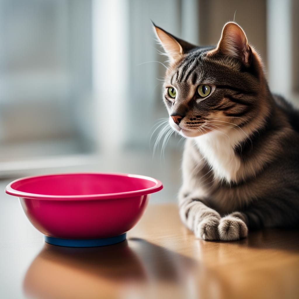 Photo of a cat sitting and staring pointedly at an empty food bowl - AI ...