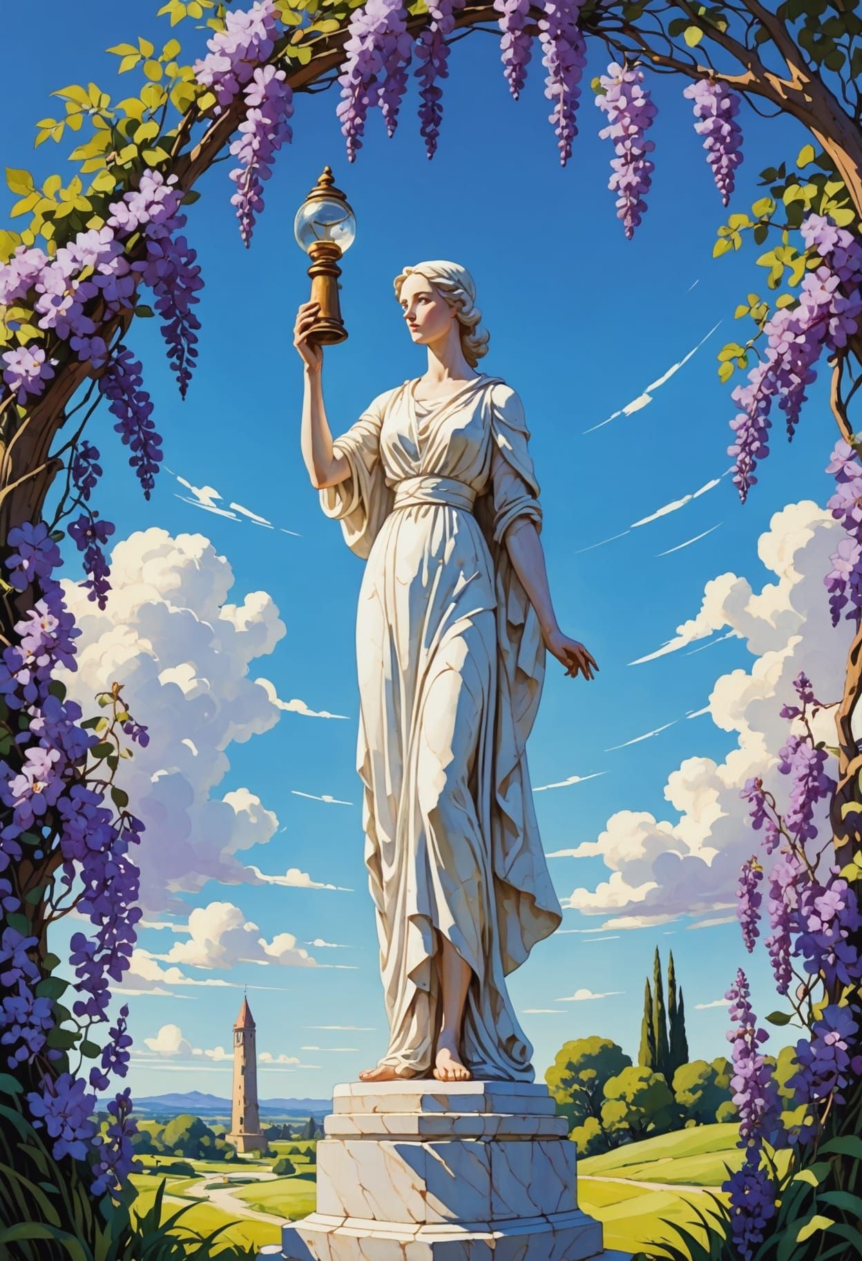 Manon Gropius, white stone sculpture of a tall woman holding an hourglass, art deco style sculpture, light, bright huge sky, wide open space...