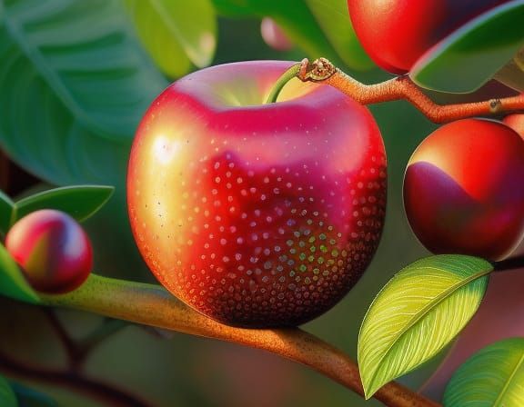 Insanely detailed hyperrealistic painting of a ripe APPLE growing on a BRANCH. Appearance: the apple is round and plump, with a bright red s... - AI Generated Artwork - NightCafe Creator Insanely detailed hyperrealistic painting of a ripe APPLE growing on a BRANCH. Appearance: the apple is round and plump, with a bright red s... - AI Generated Artwork - NightCafe Creator