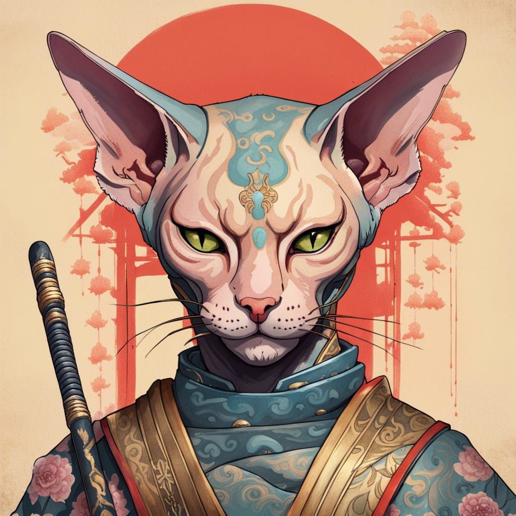 Sphynx cat ronin japanesse warrior