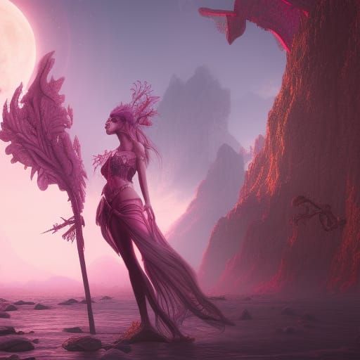 beautiful girl on pink moon